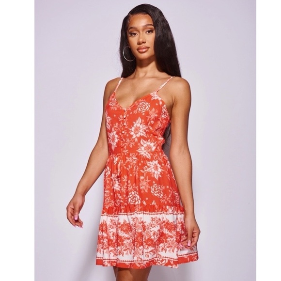 Red Floral Print Scarf Print Sleeveless V-Neck Tiered Mini Dress - Picture 3 of 11